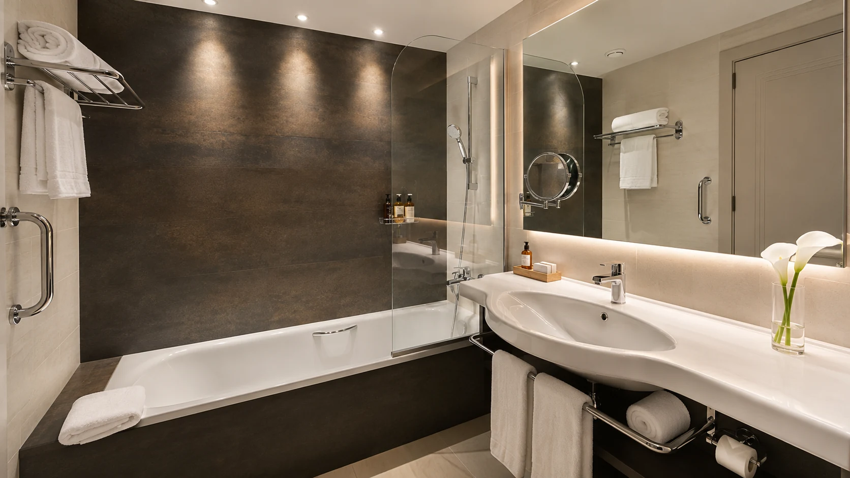 Duquesa de Cardona Barcelona bathroom with bathtub, glass shower screen, and modern vanity
