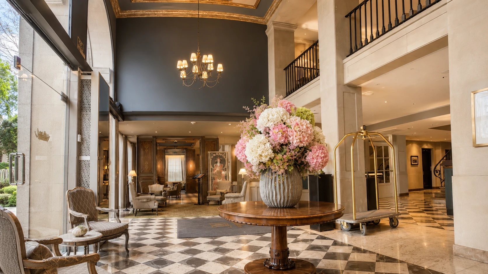 Duquesa de Cardona Barcelona hotel lobby with floral arrangement, checkered floors, and elegant lounge seating