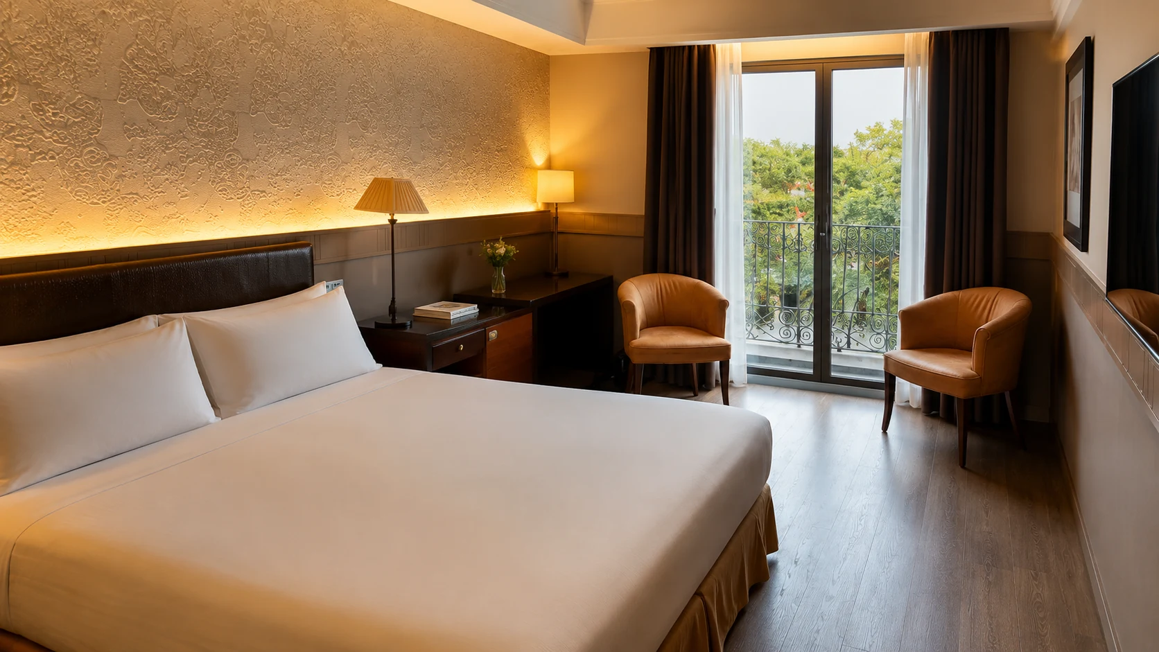 Duquesa de Cardona Barcelona guest room with warm lighting, balcony doors, and classic neutral design