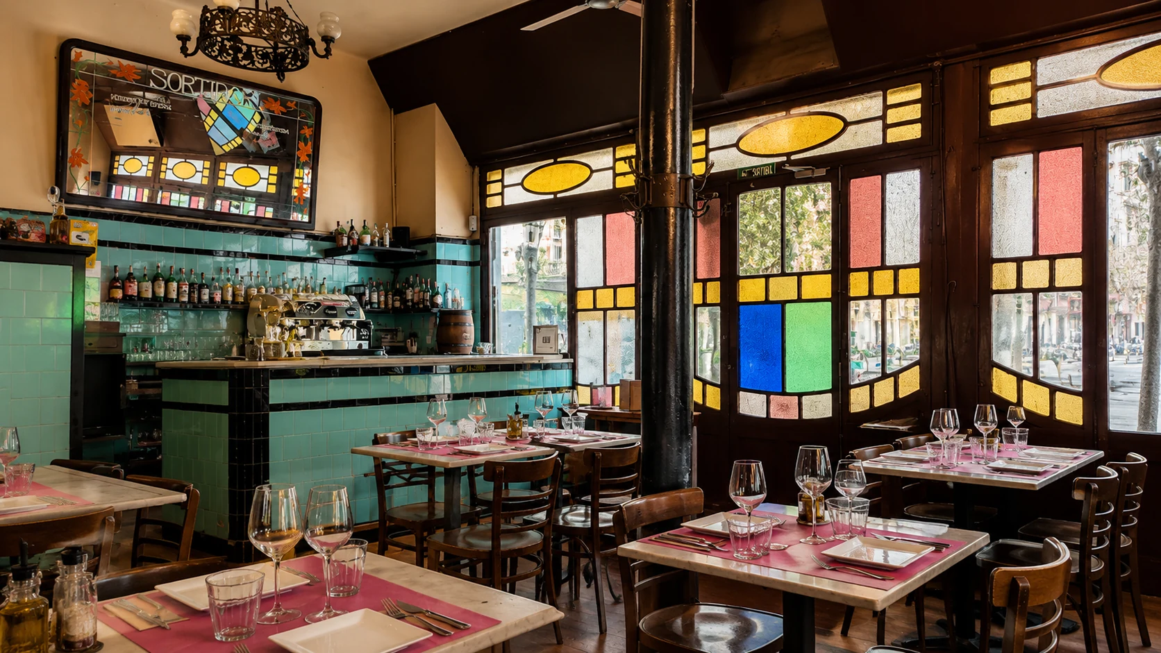 El Sortidor de la Filomena Pagès Barcelona restaurant dining room with stained glass windows