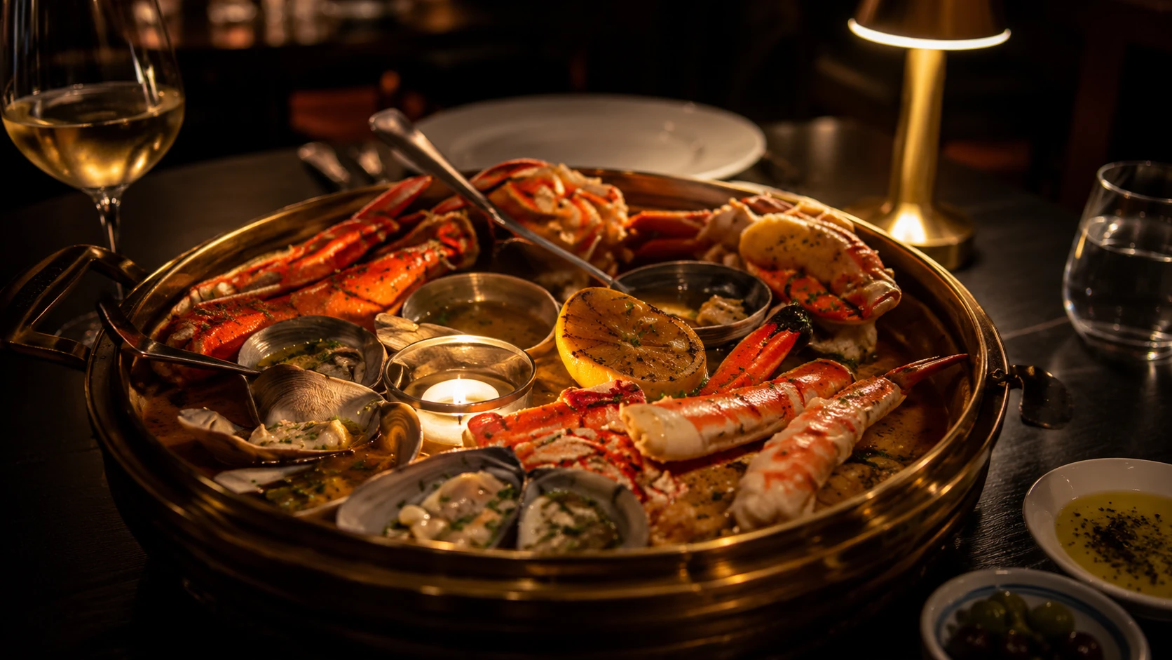 Seafood platter with shellfish and candlelight at Fioretta in Chicago