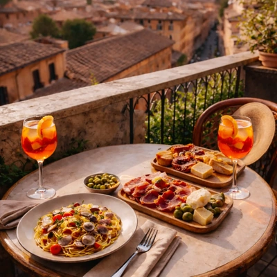 Sunny restaurant terrace with outdoor dining