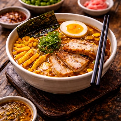 Steaming bowl of Japanese ramen with toppings