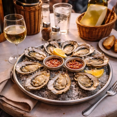 Fresh oysters on ice with lemon