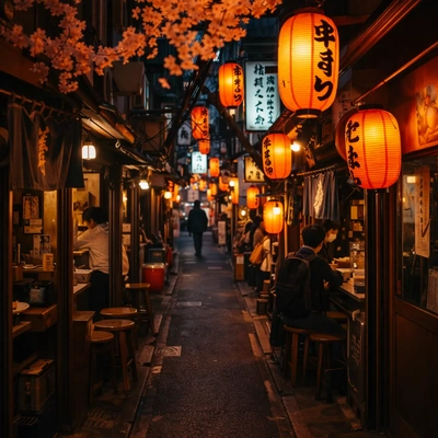 Tokyo street scene at night with glowing signs