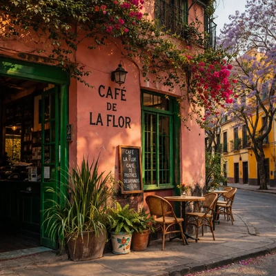 Colorful Mexico City cafe with outdoor seating