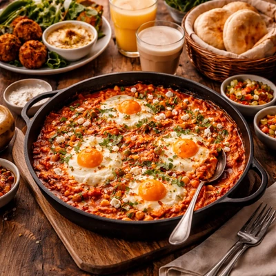 Skillet of shakshuka with poached eggs and tomato sauce
