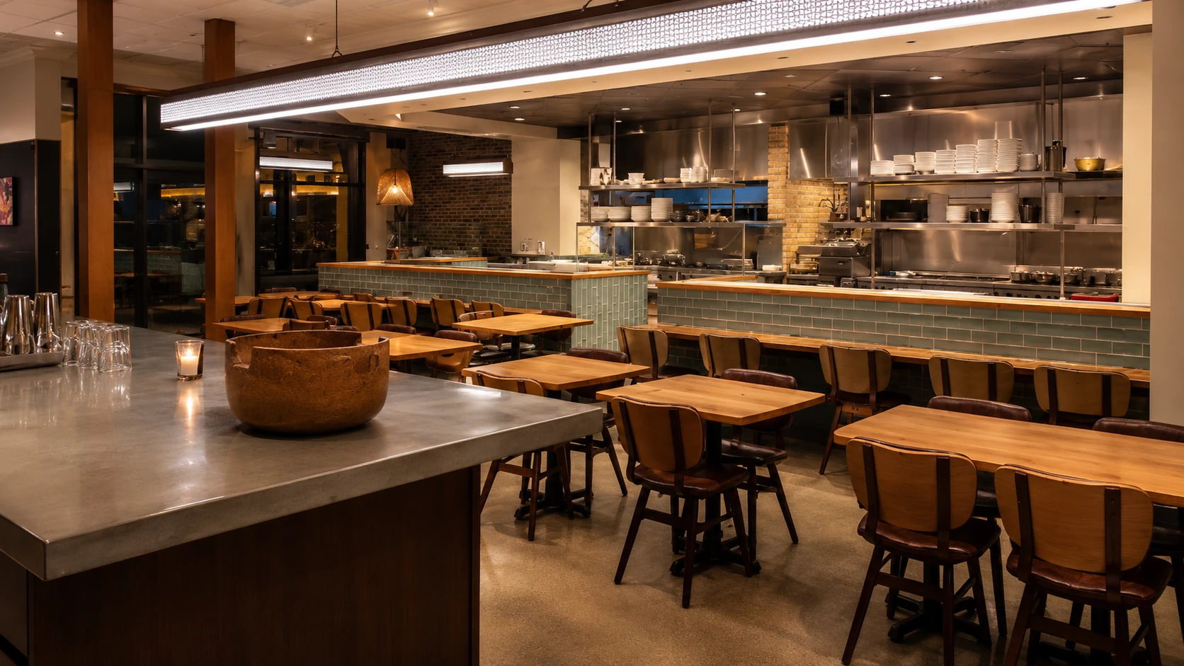 Open kitchen and casual dining room at Galit in Lincoln Park Chicago