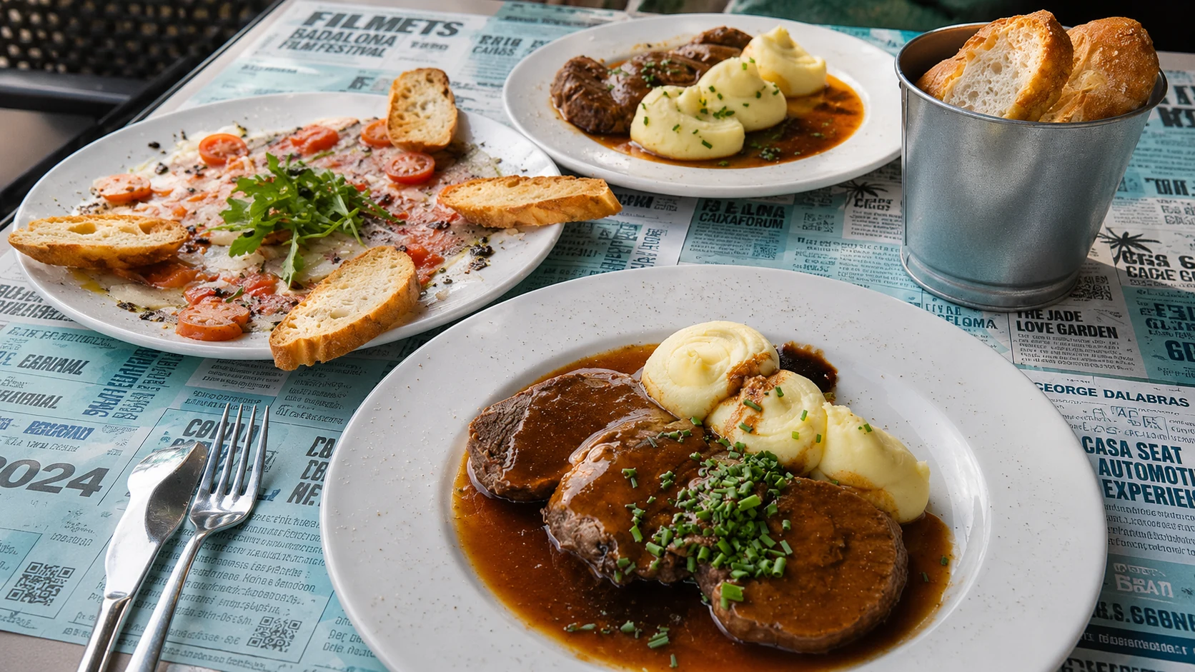 Granja Mabel Barcelona meatballs, potatoes, tomato dish, bread, and wine