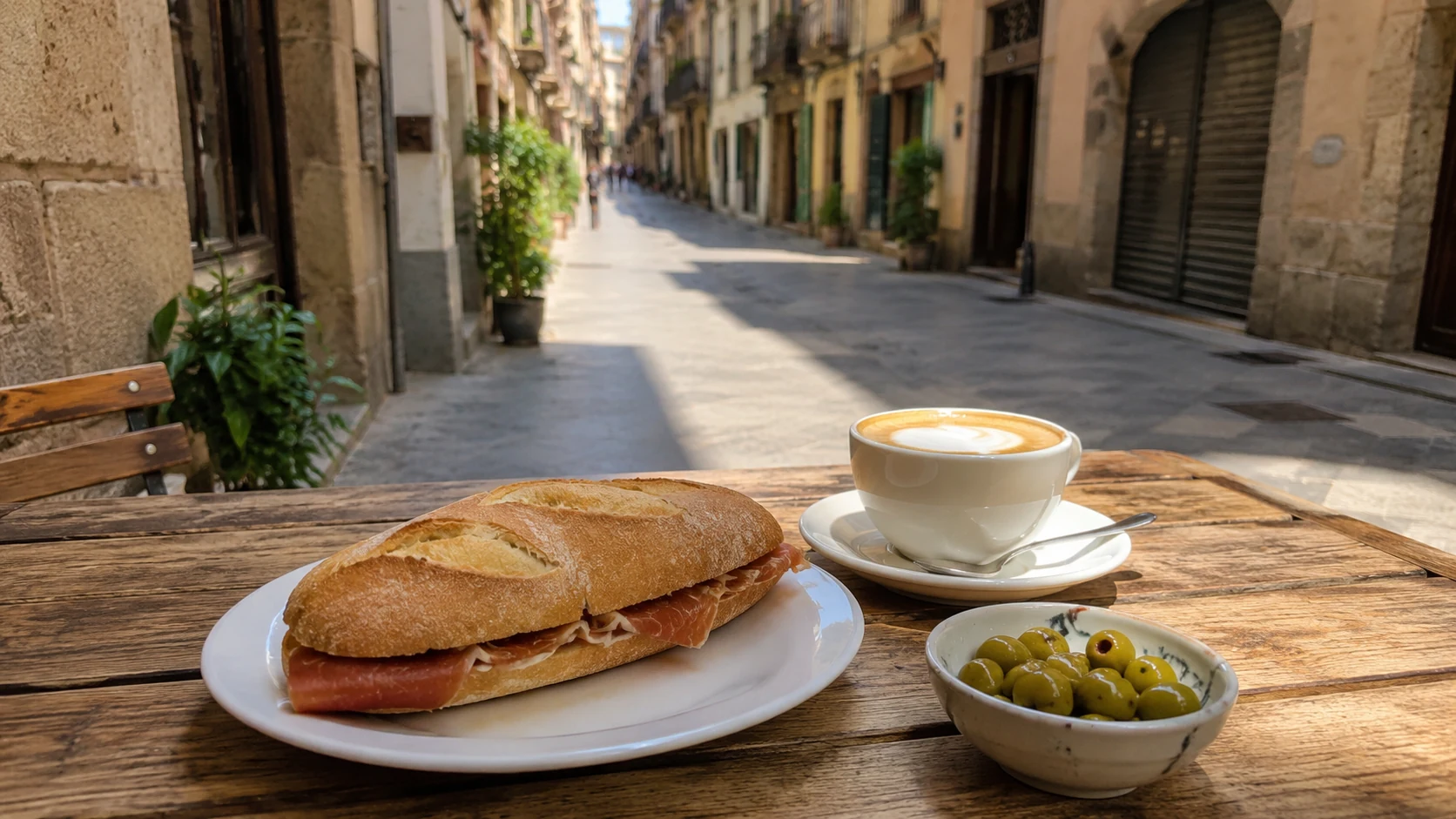 Barcelona Budget Friendly Eats guide hero image with bocadillo, coffee, and olives on a cafe table