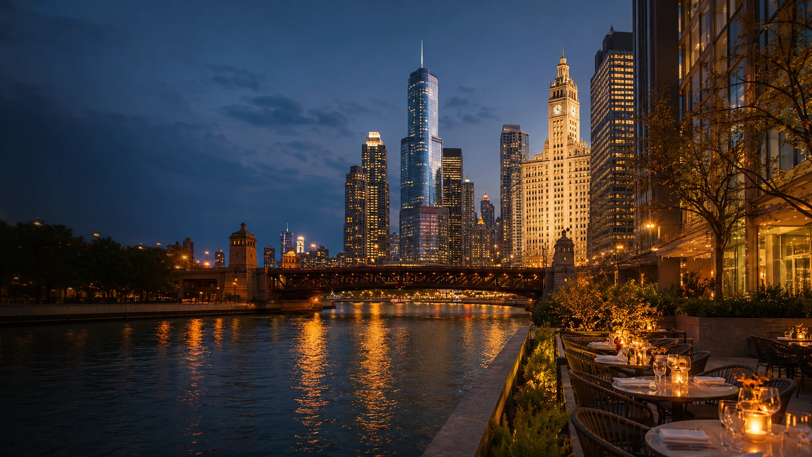 Chicago skyline and riverfront dining scene for the Passport to Plate Chicago restaurant guide