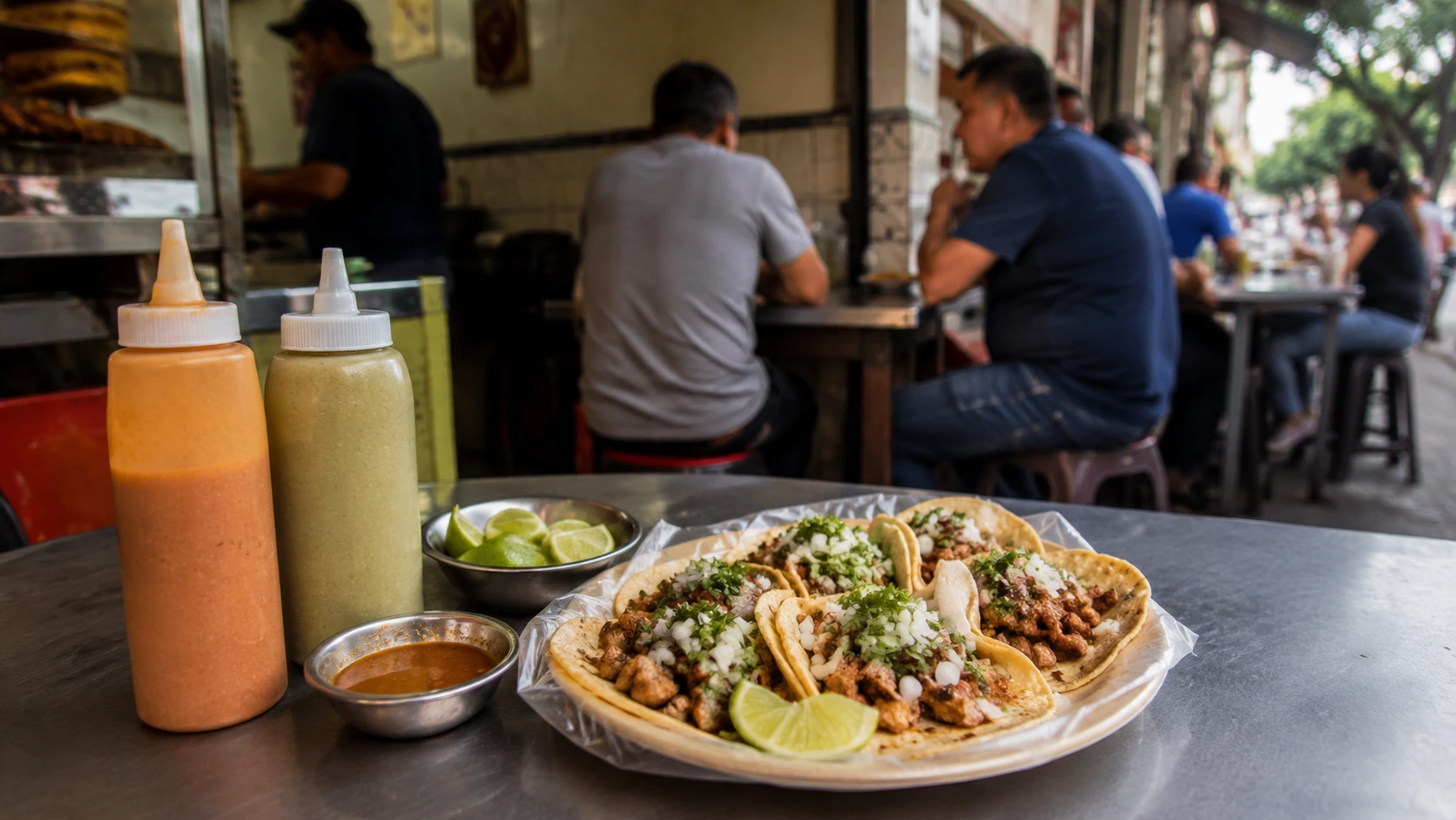 Mexico City budget eats guide with tacos, salsa, lime, and agua fresca at a taqueria counter