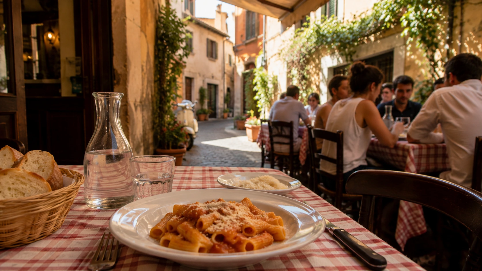 Rome Budget Friendly Eats guide hero image with pizza, pasta, red wine, and casual Roman restaurant table