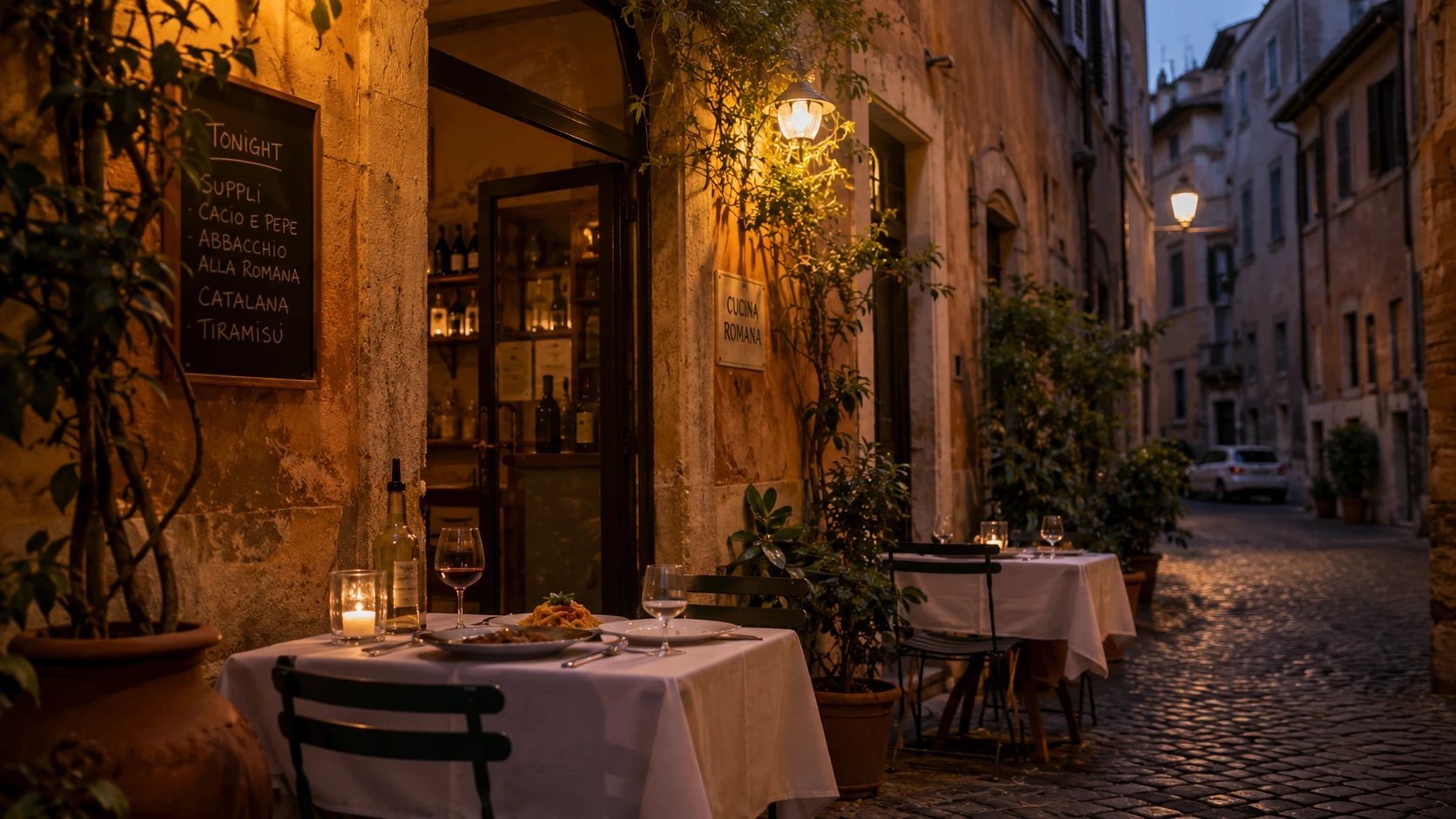 Rome Nick's Picks guide hero image with pasta, red wine, and cozy Roman restaurant table