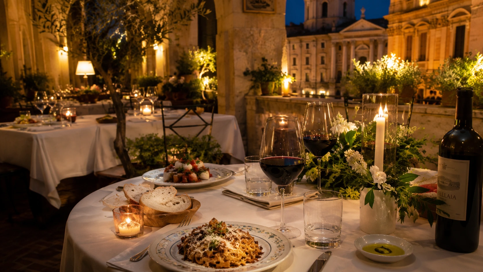 Rome Worth the Splurge guide hero image with pasta, red wine, and candlelit Italian restaurant table