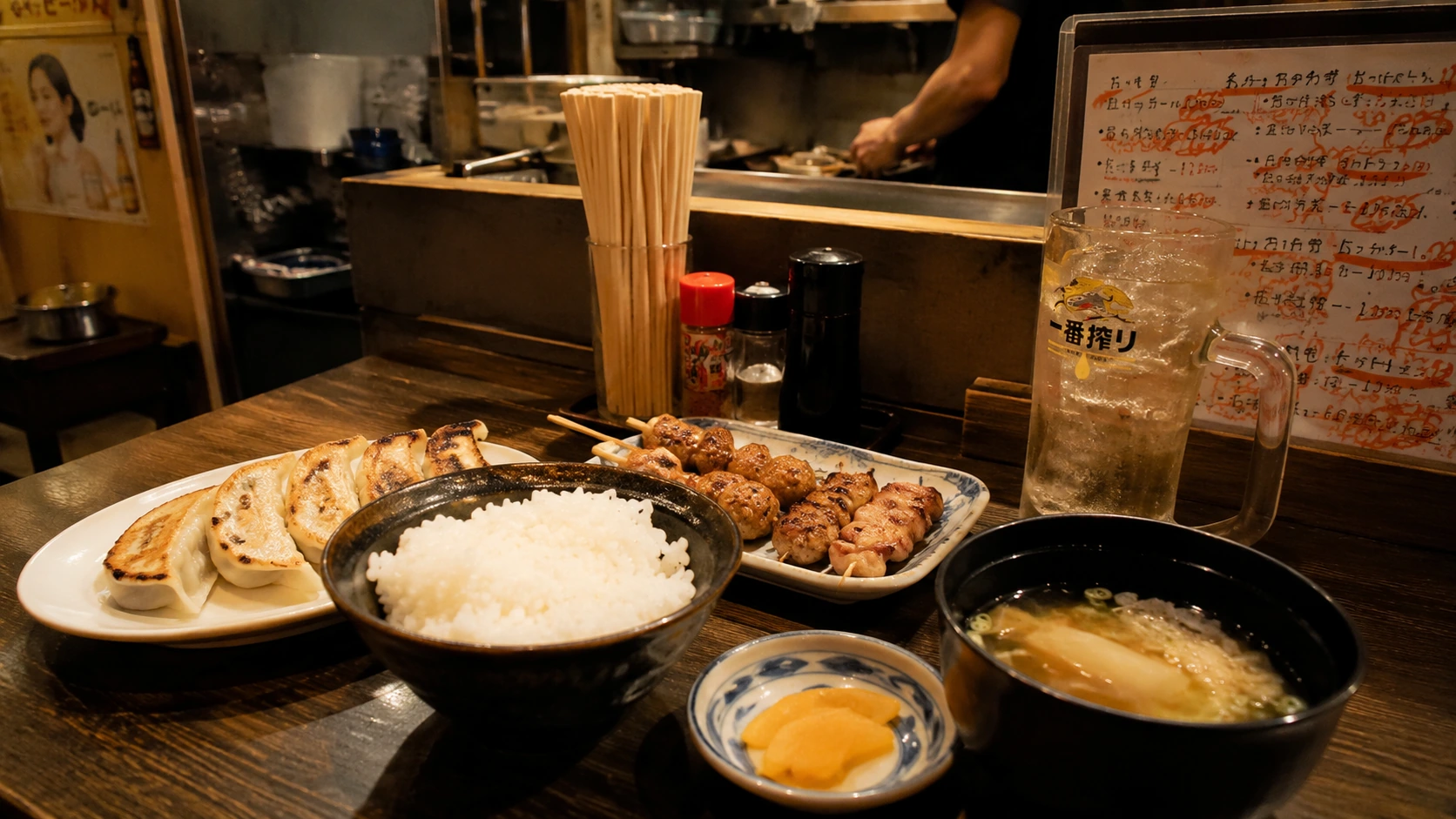 Tokyo budget eats guide hero image with katsudon set meal at a casual restaurant