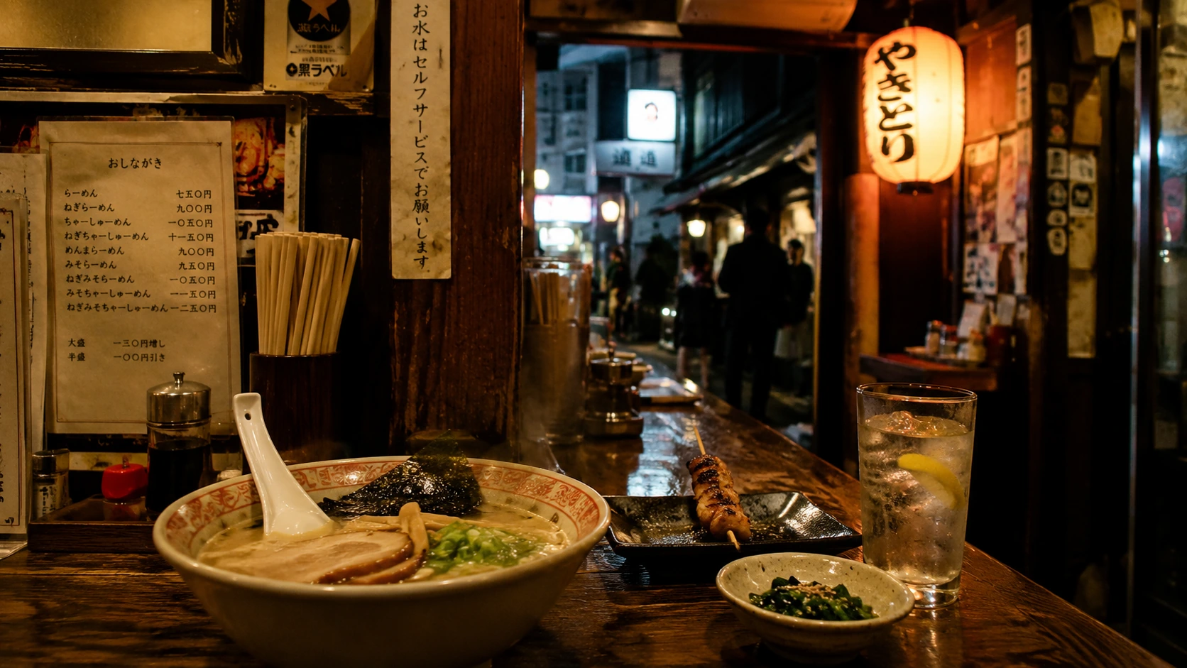 Tokyo Nick's Picks guide hero image with ramen, izakaya dishes, beer, and casual restaurant atmosphere