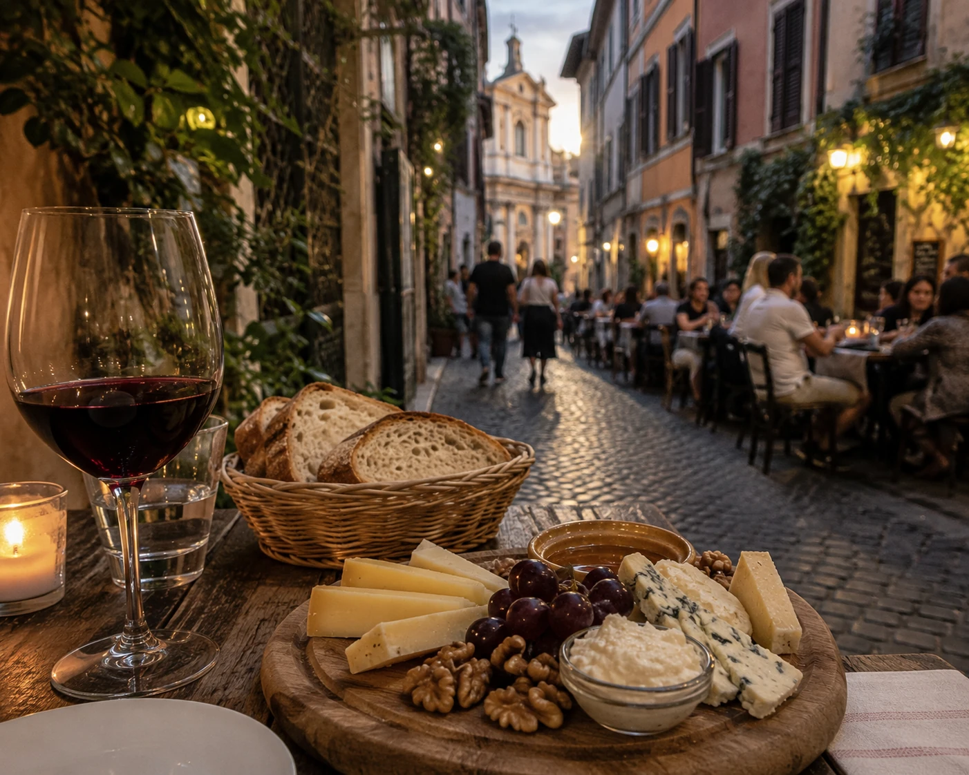 Cozy outdoor dinner at twilight with pasta, red wine, candlelight, and a warm neighborhood restaurant atmosphere