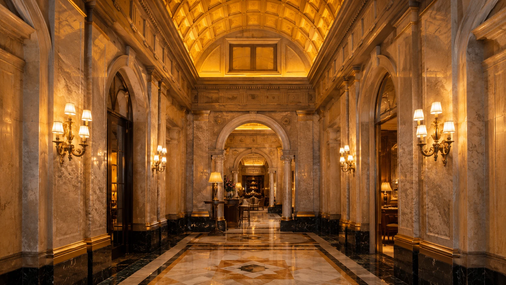 Hotel 1898 Barcelona marble lobby corridor with vaulted gilded ceiling and brass sconces