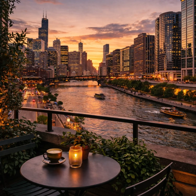 Chicago River at dusk near downtown for Passport to Plate food travel stories