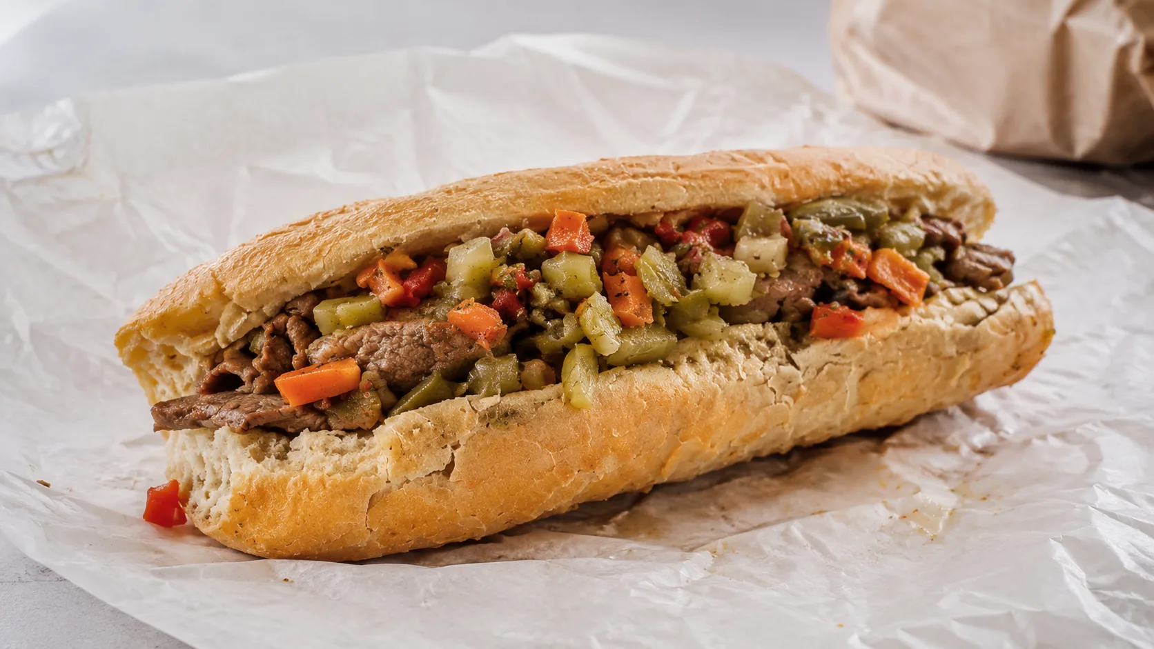 Italian beef sandwich with peppers at Johnny’s Beef and Gyros Chicago