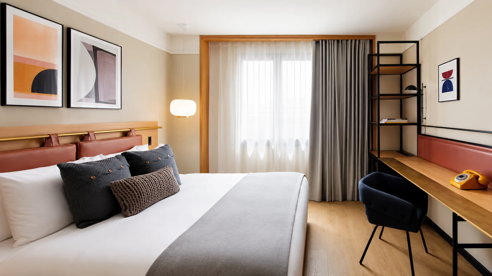 Kimpton Vividora Barcelona guest room with desk, warm modern design, and city light