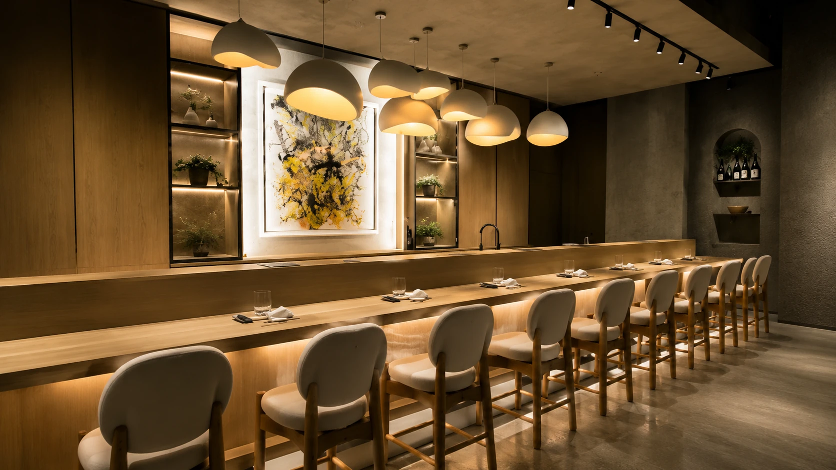 Minimal sushi counter dining room at Kyōten Next Door in Chicago