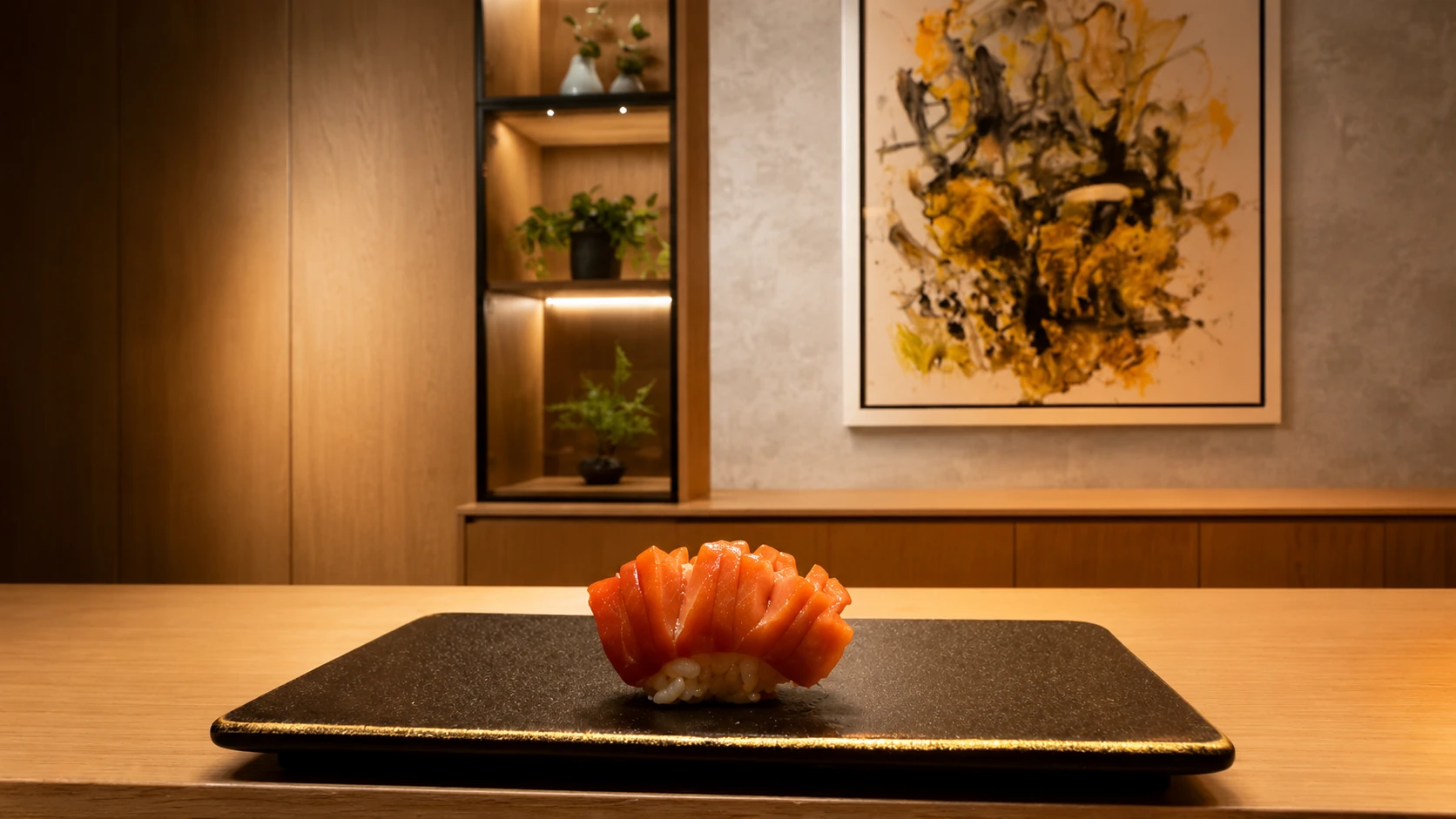 Salmon nigiri on a black plate at Kyōten Next Door in Chicago