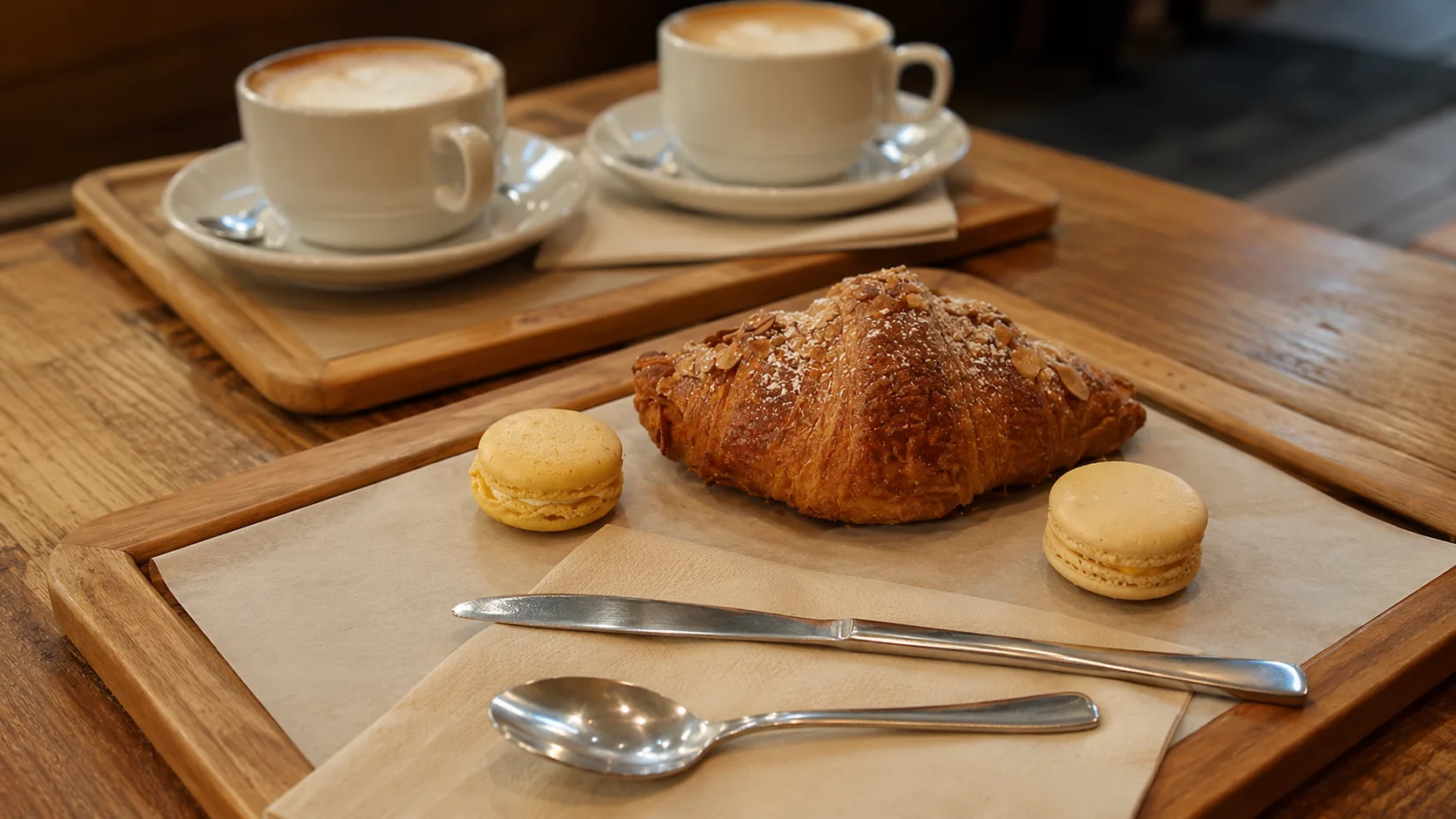 Croissant, macarons, and coffee at La Fournette bakery in Chicago
