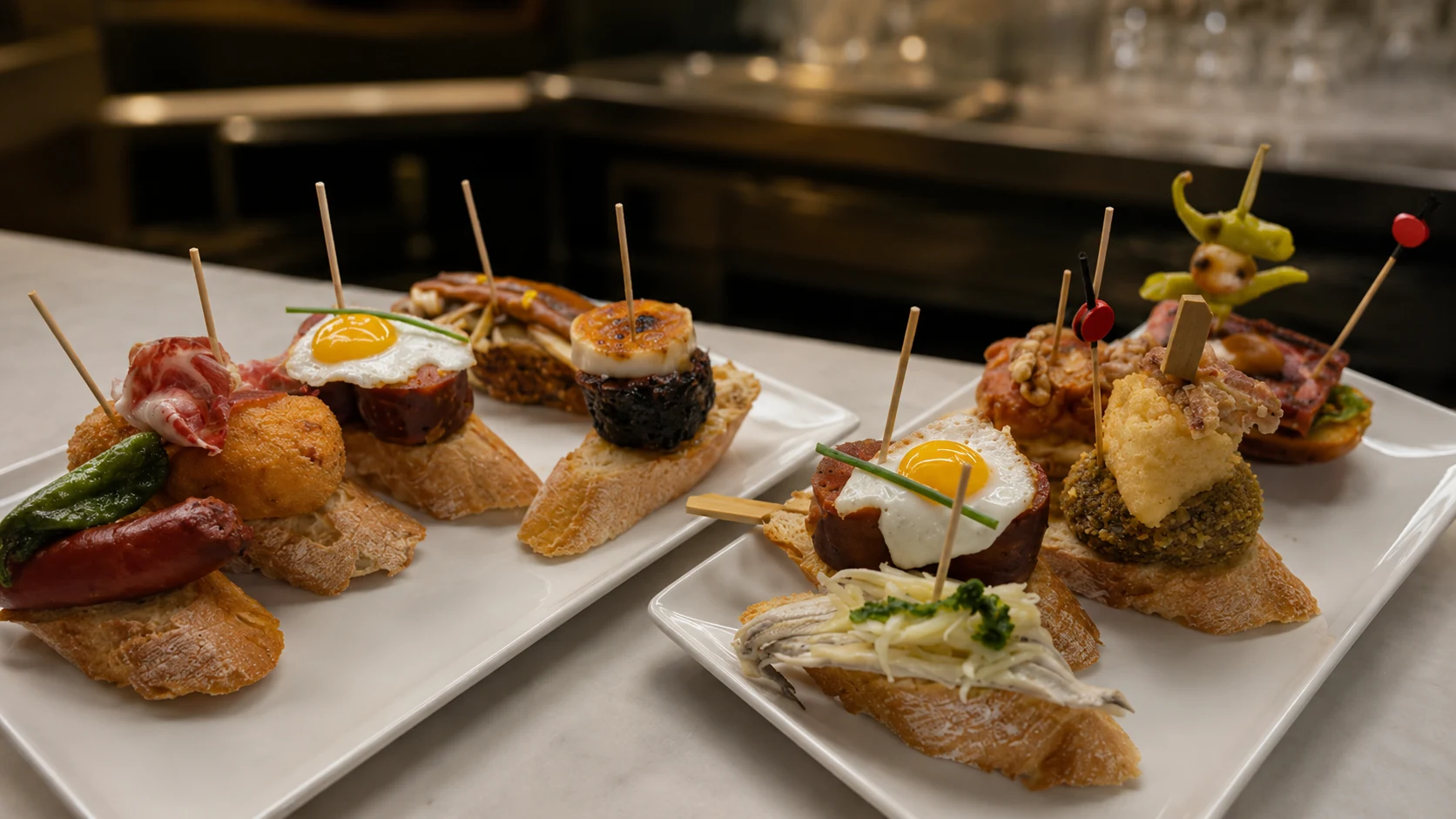 La Tasqueta de Blai Barcelona pintxos with bread, toppings, and skewers