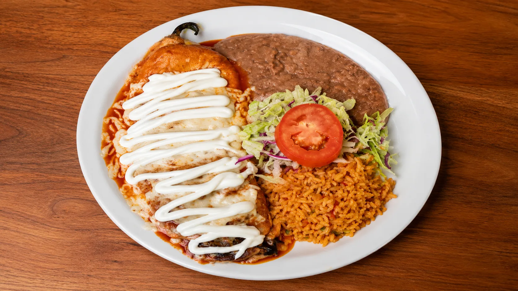 Chile relleno plate with rice and beans at Las Fuentes Lincoln Park Chicago