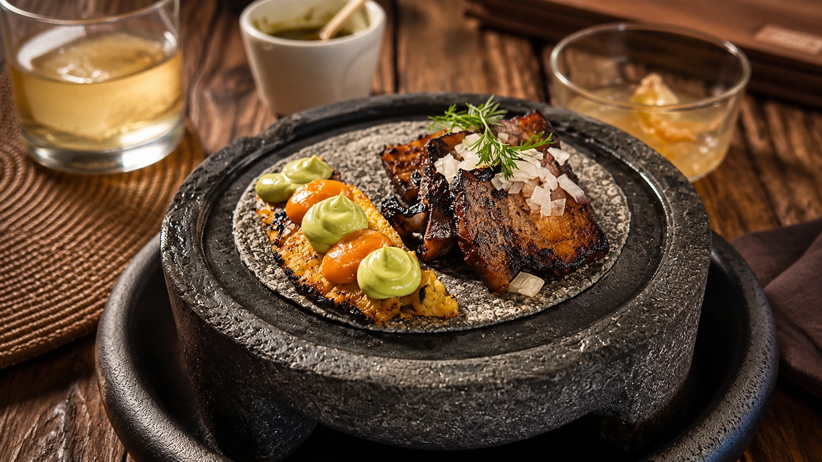 Limosneros Mexico City seafood and vegetable entree in a stone bowl