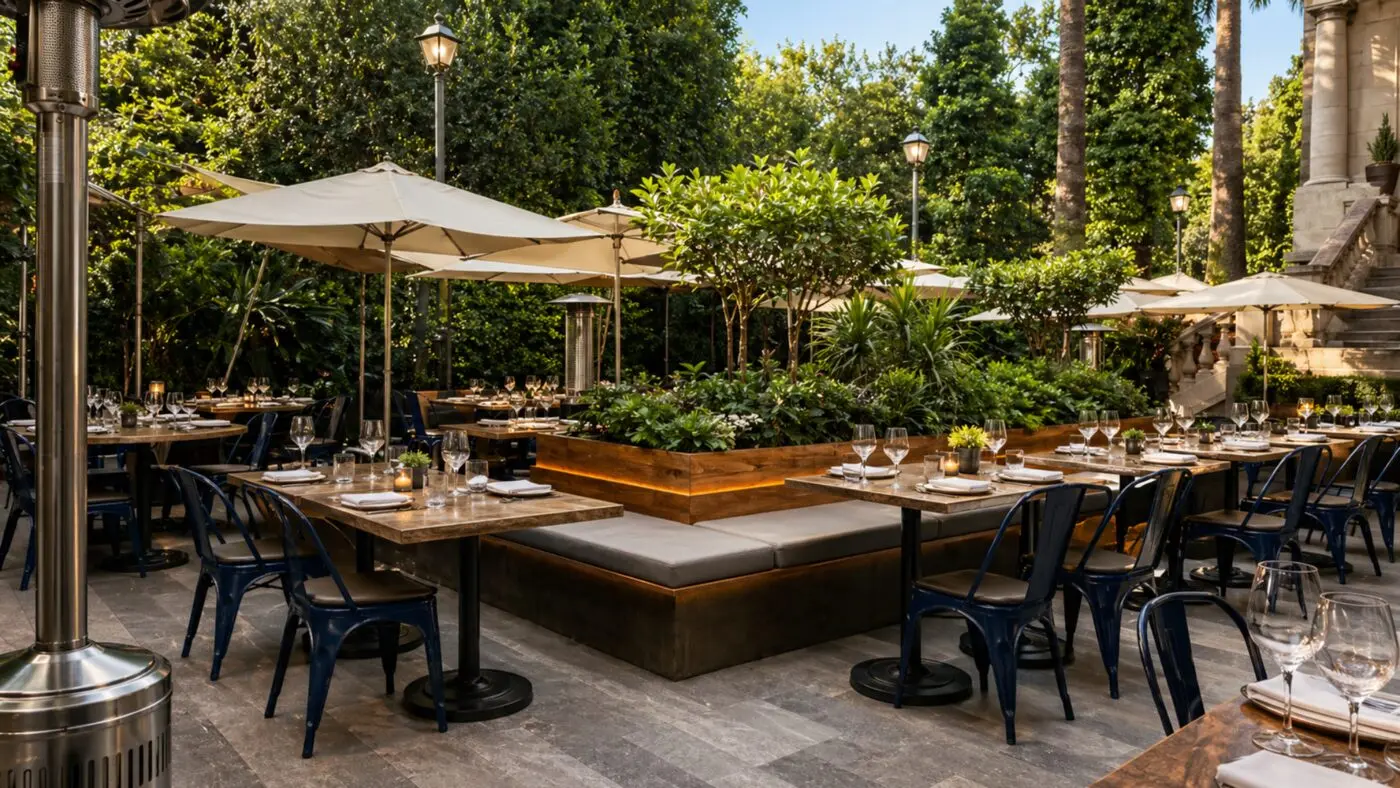 Madre Café Mexico City Roma Norte brunch patio with greenery and outdoor tables
