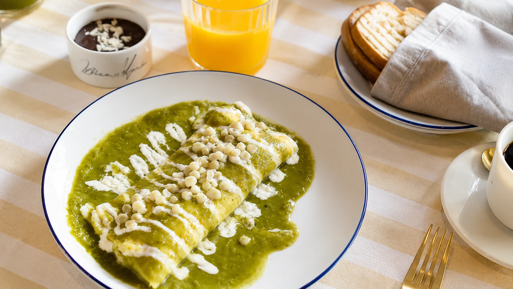 Mandolina Roma Mexico City eggs, toast, greens, and coffee on a brunch plate