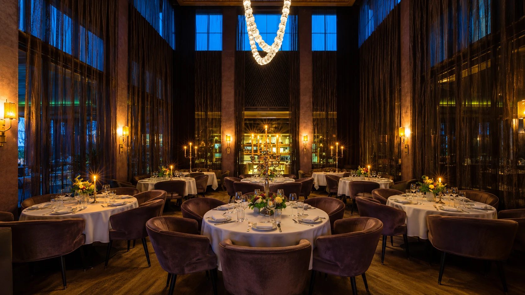 Luxurious candlelit dining room at Maple and Ash steakhouse in Chicago