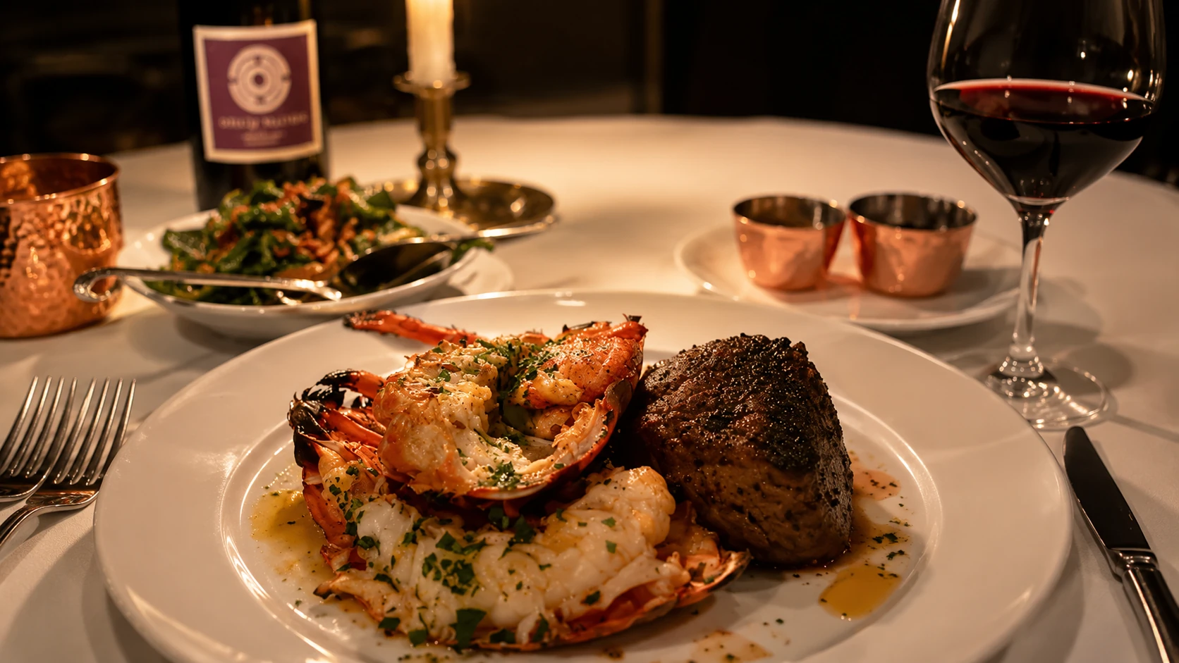 Lobster and filet dinner with red wine at Maple and Ash Chicago