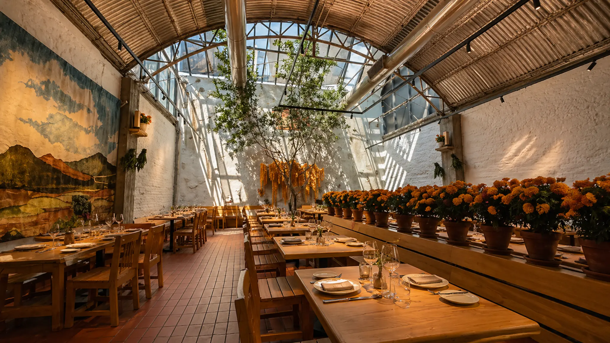 Máximo Mexico City fine dining restaurant interior with glass ceiling and long dining room