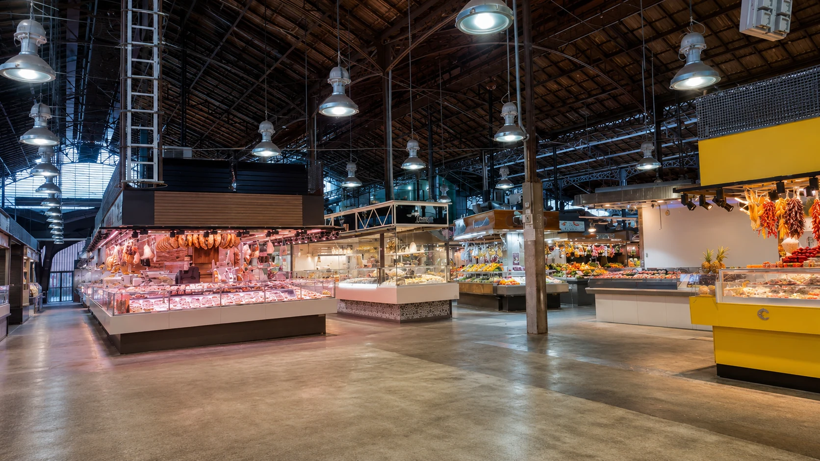 Mercat de la Boqueria Barcelona market hall with seafood and food stalls