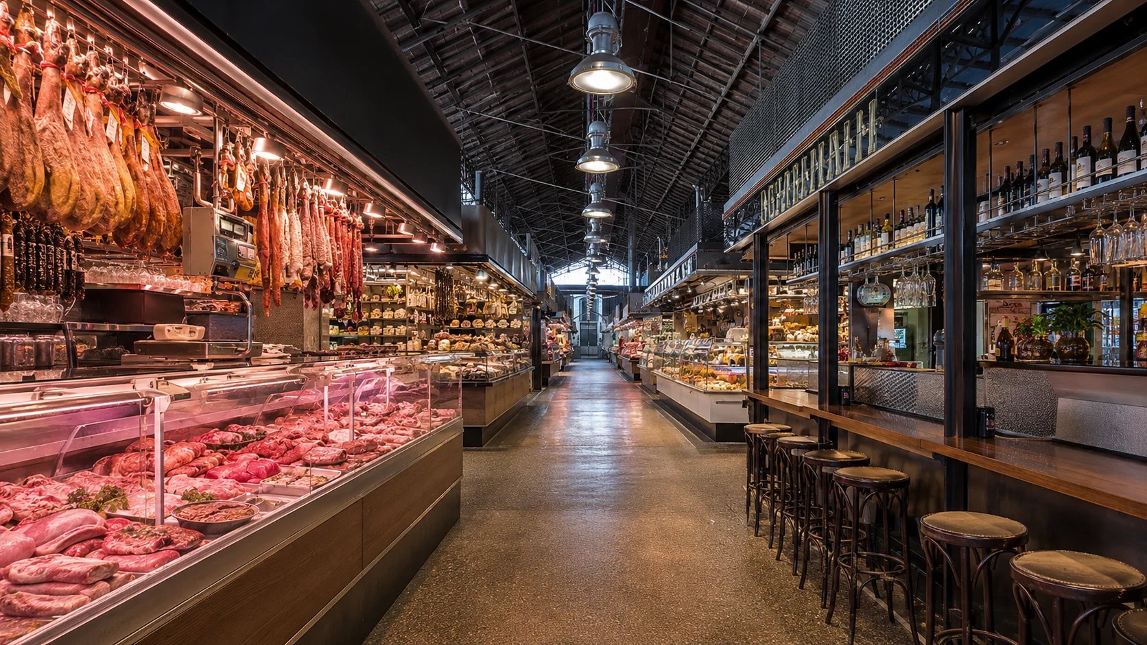 Mercat de la Boqueria Barcelona jamón and meat market stalls with counter seating