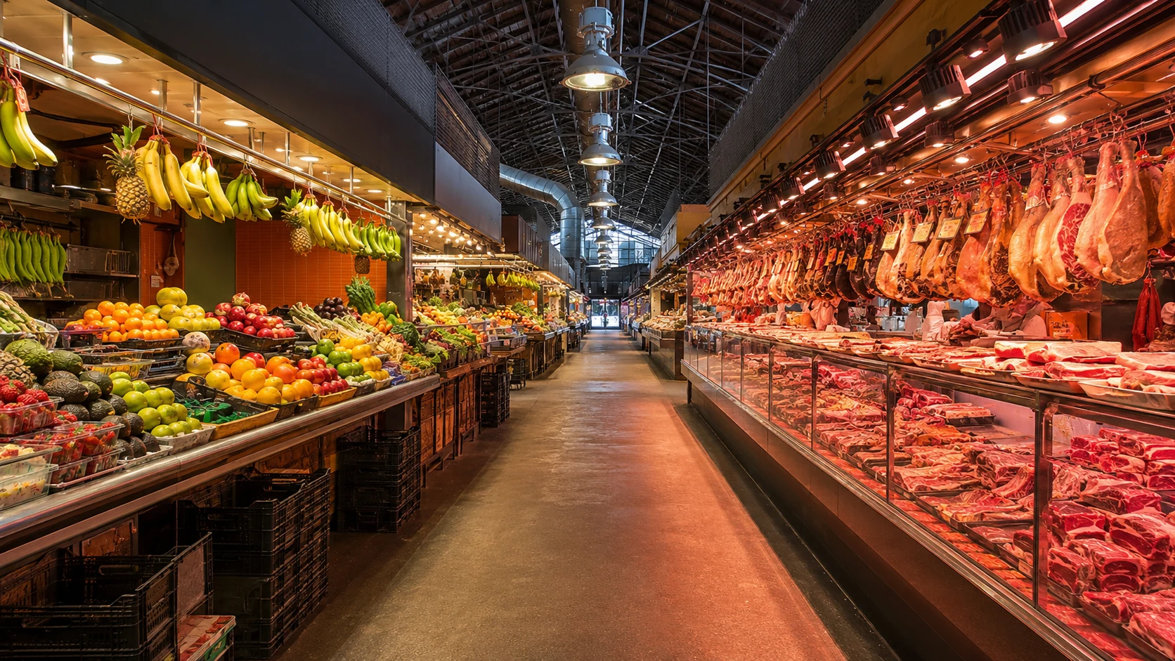 Mercat de la Boqueria Barcelona produce, jamón, and meat stalls inside the market