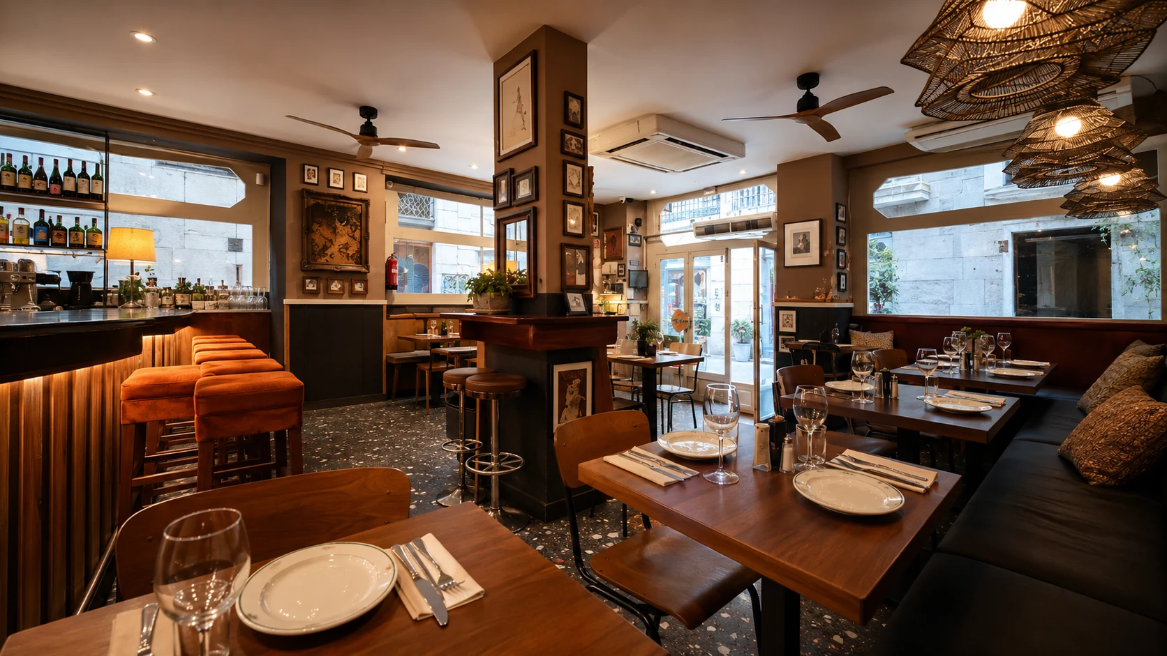 Milk Bar and Bistro Barcelona brunch cafe interior with cozy tables