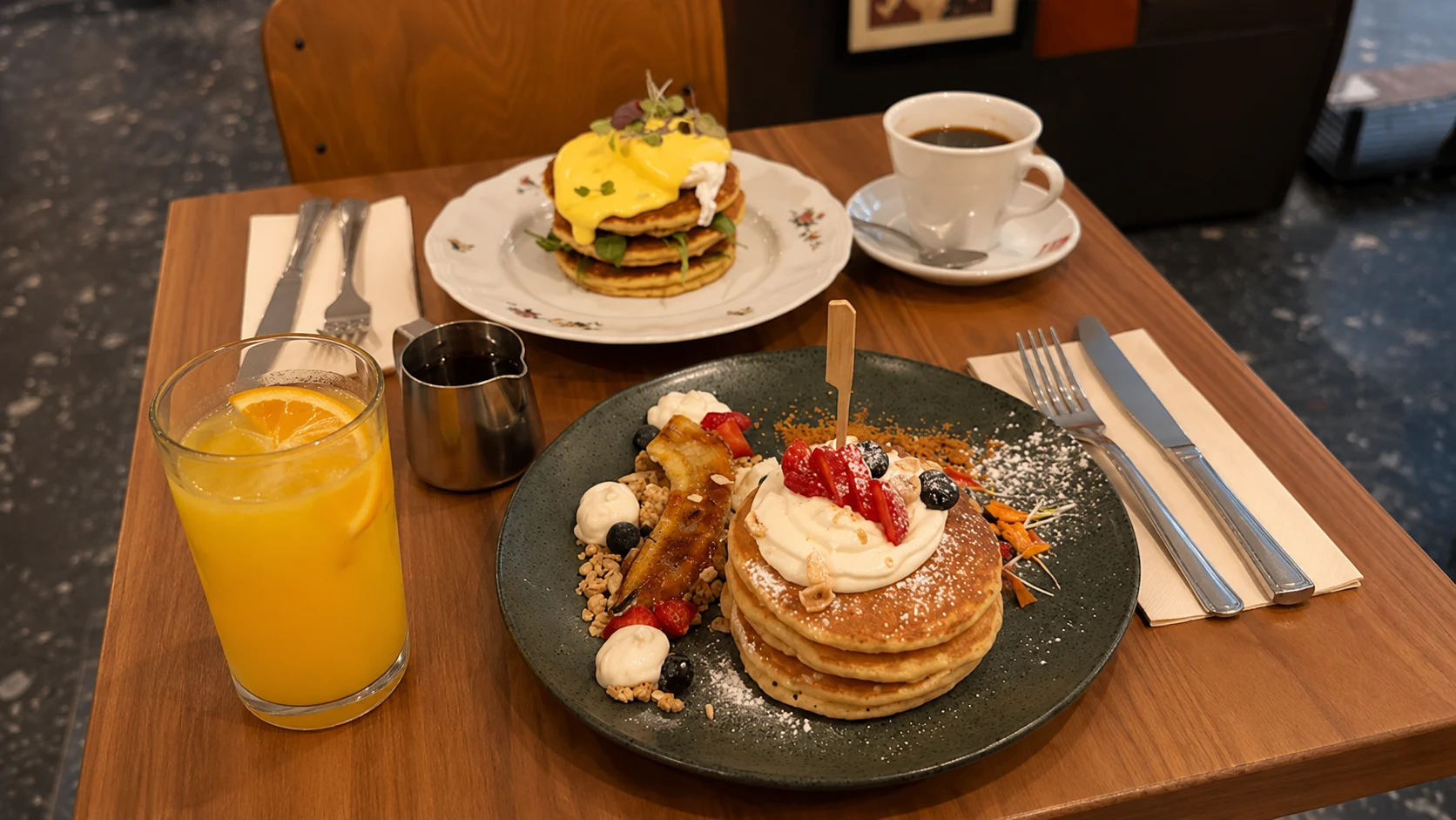 Milk Bar and Bistro Barcelona pancakes, coffee, and brunch dishes