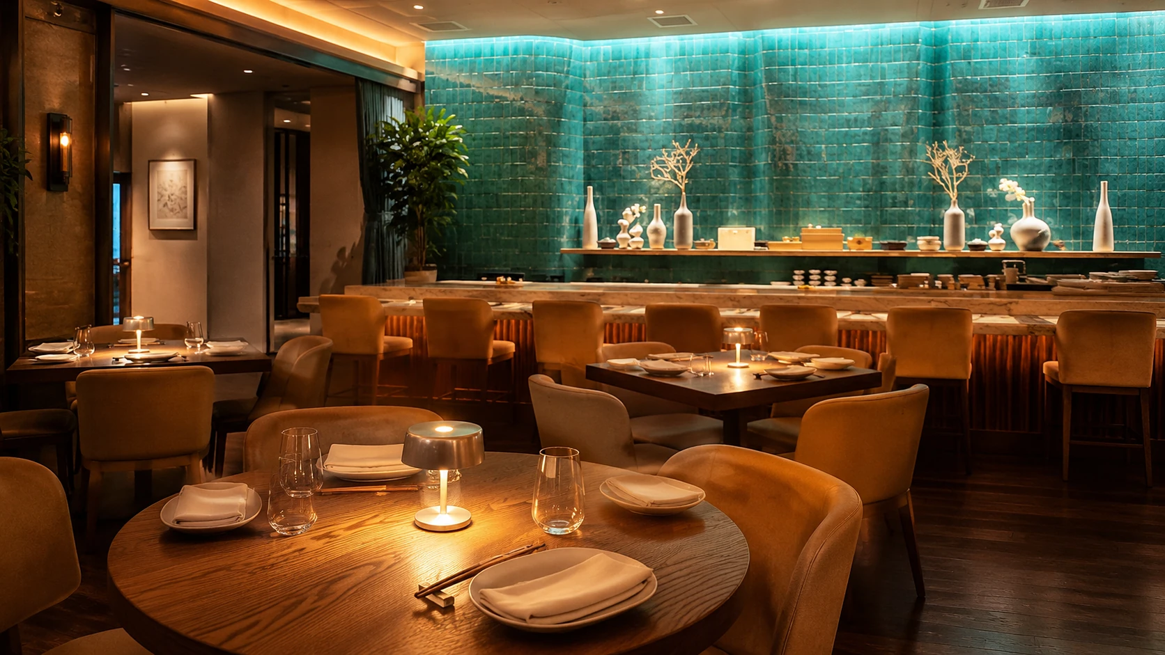 Warm dining room with turquoise tile sushi counter at Miru Chicago