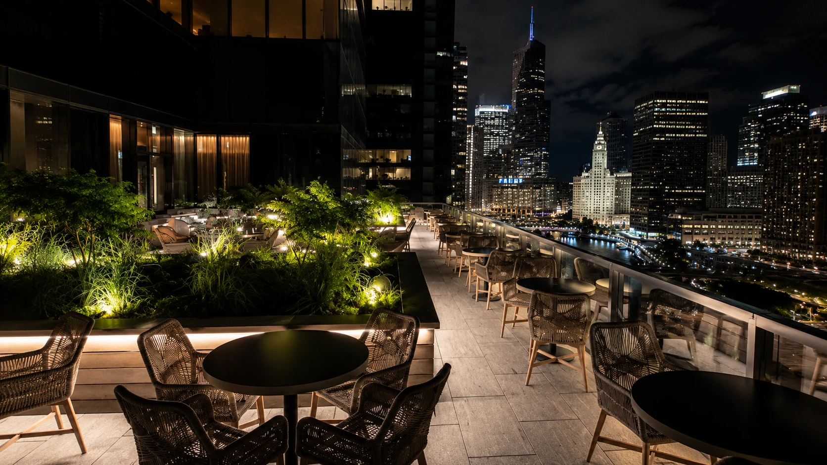 Rooftop terrace with Chicago skyline views at Miru restaurant