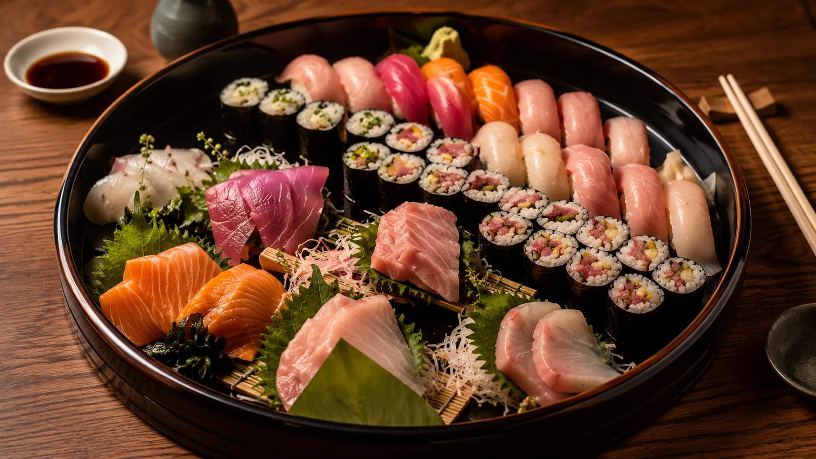 Large sushi and sashimi platter at Miru in Chicago