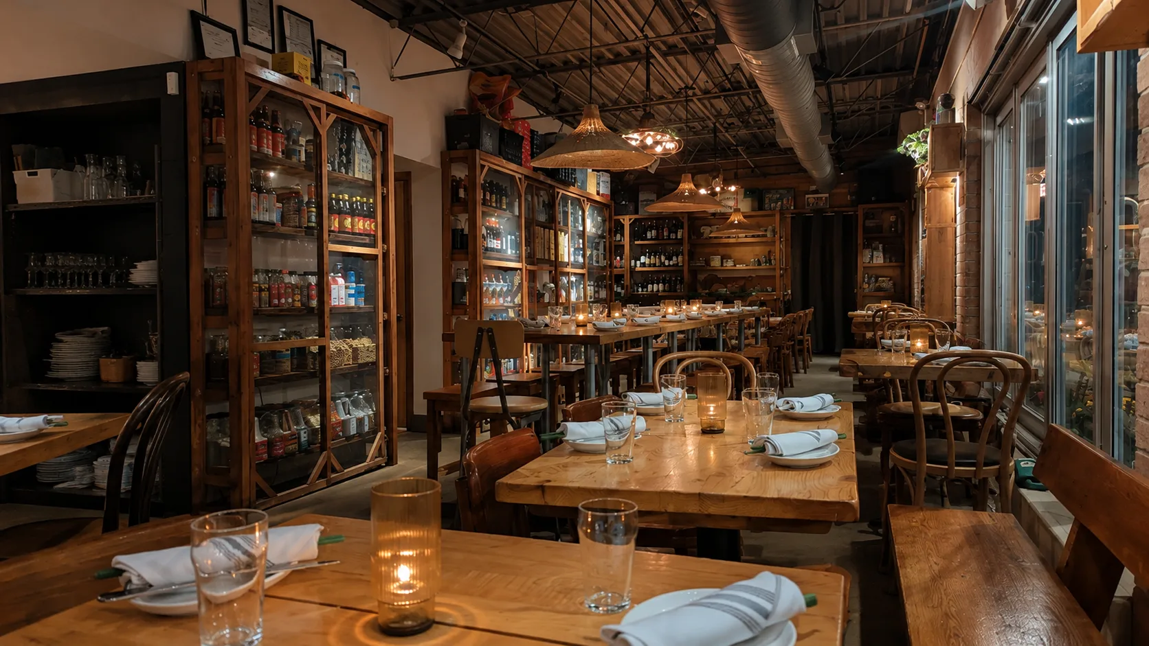 Cozy dining room with open shelves at Mott St in Chicago