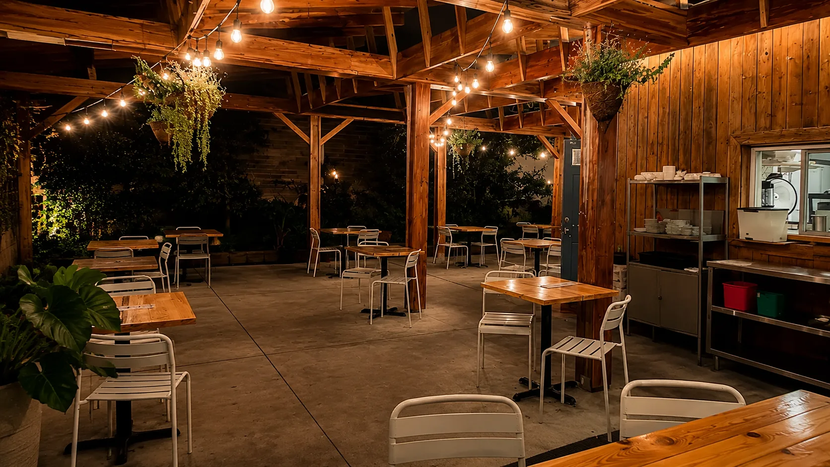 Covered patio dining area at Mott St in Chicago