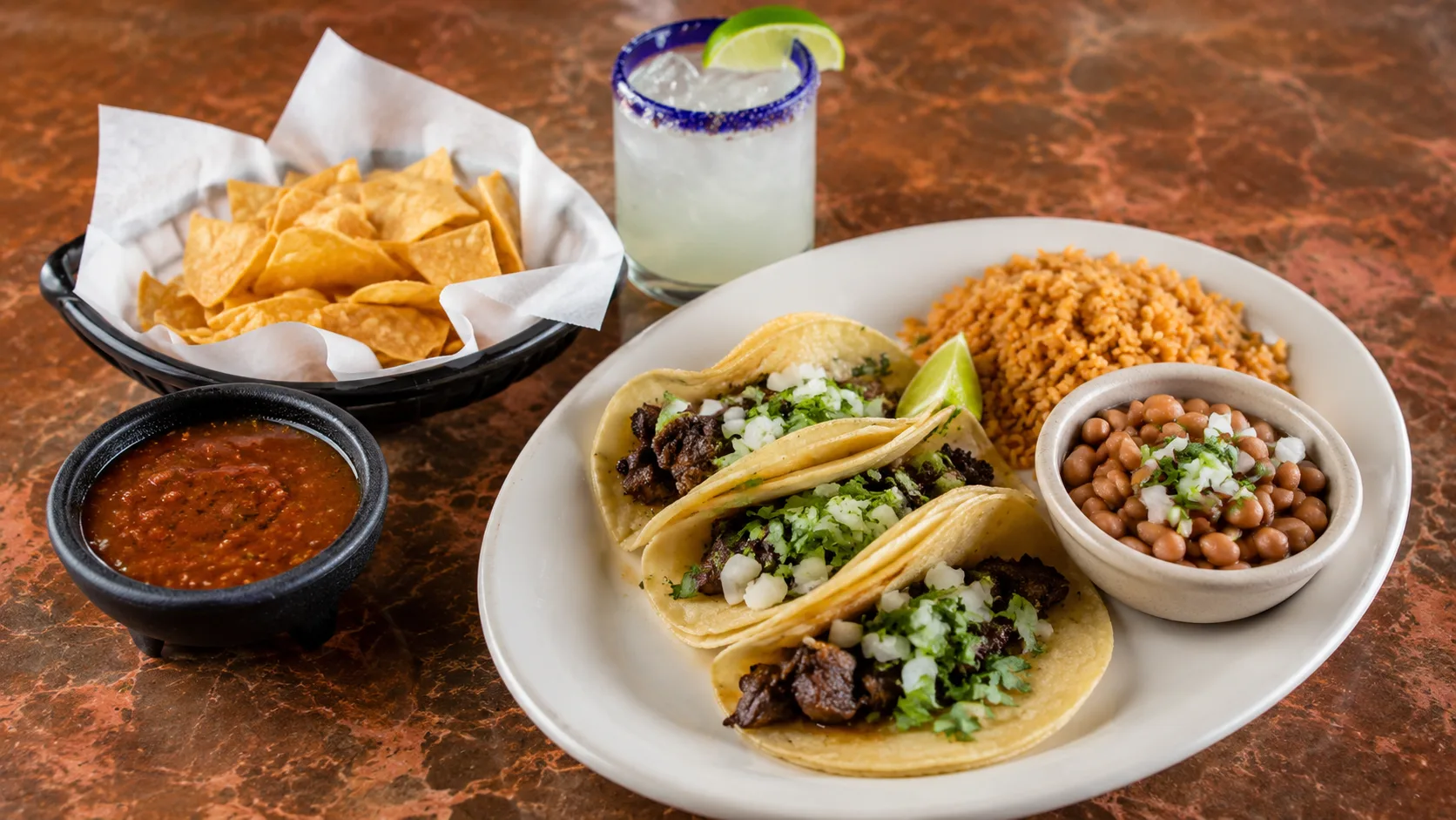Tacos, rice, beans, and chips at Old Pueblo Cantina in Chicago