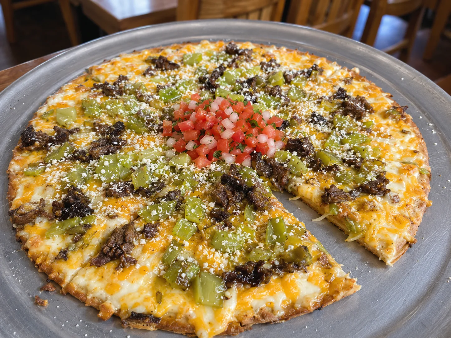 Mexican pizza with green chiles at Old Pueblo Cantina Chicago