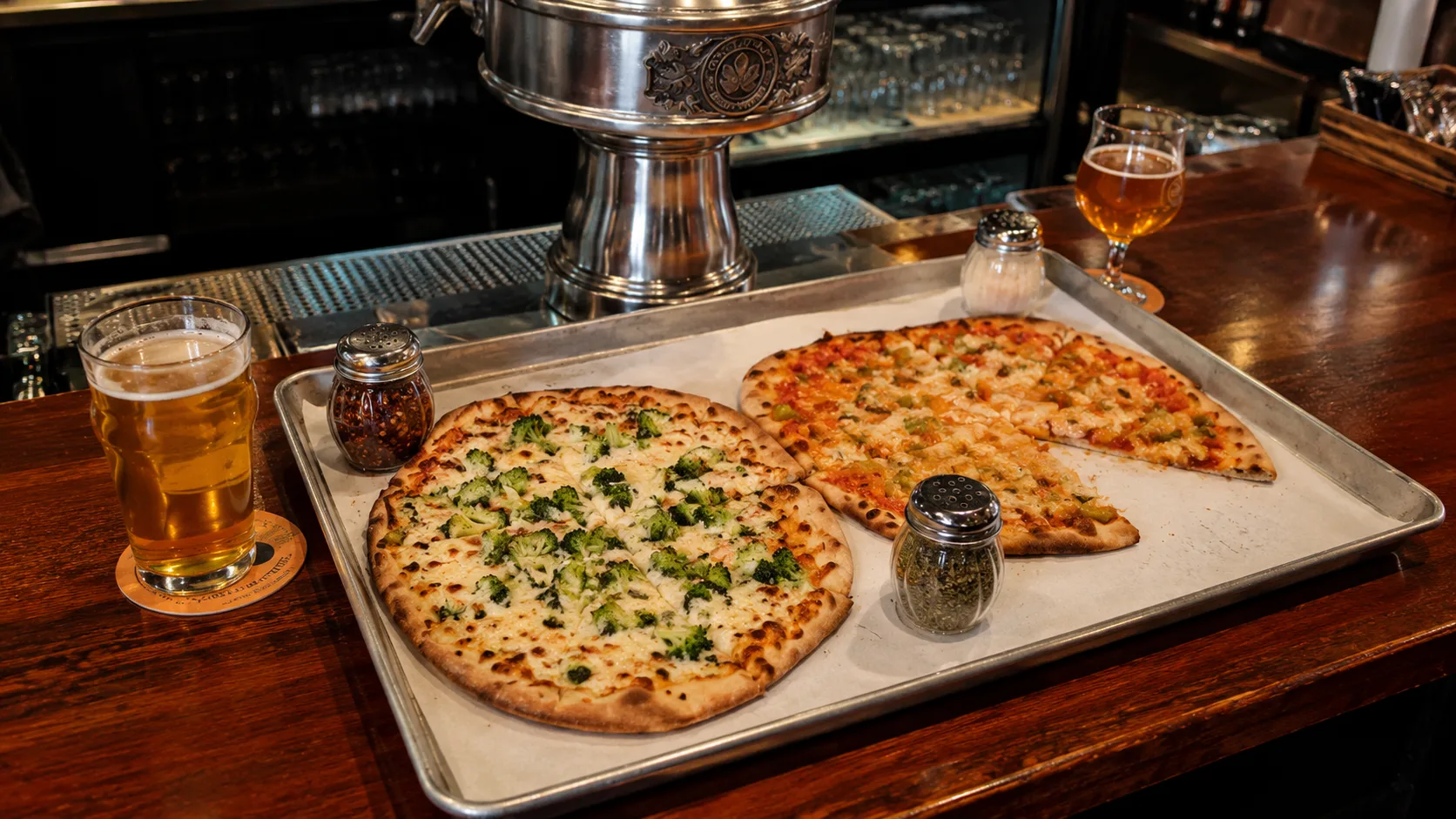 Two thin crust pizzas on metal trays at Piece Brewery and Pizzeria Chicago